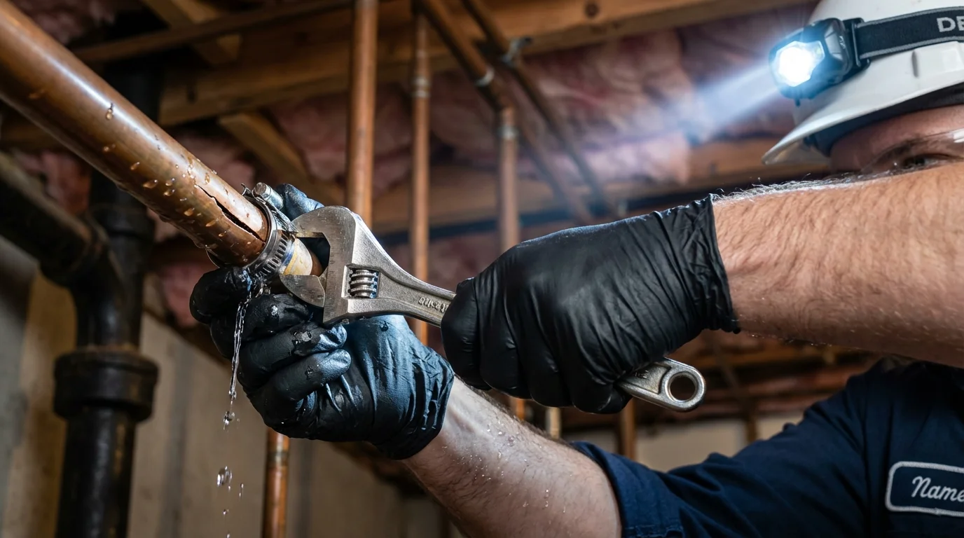 Emergency pipe clamp repair being performed by a Johns Plumbing LLC plumber in Apalachicola