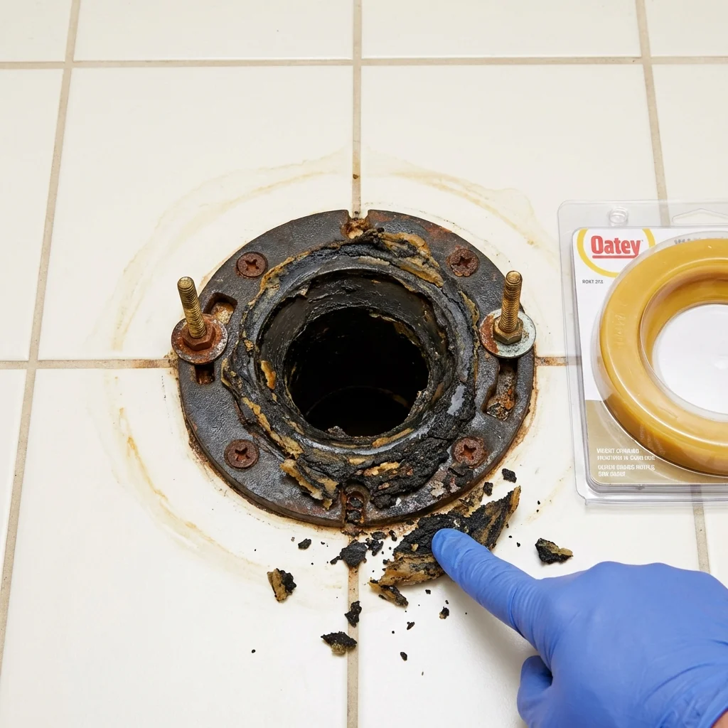 Failed wax ring showing water seepage at the base of a toilet in a Apalachicola, FL home