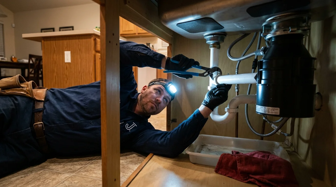 P-trap and supply line connections under a kitchen sink showing a common leak point in Apalachicola, FL